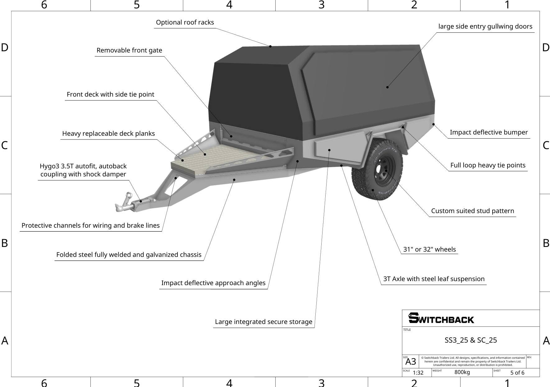 Engineering drawing of the Switchback chassis with callouts