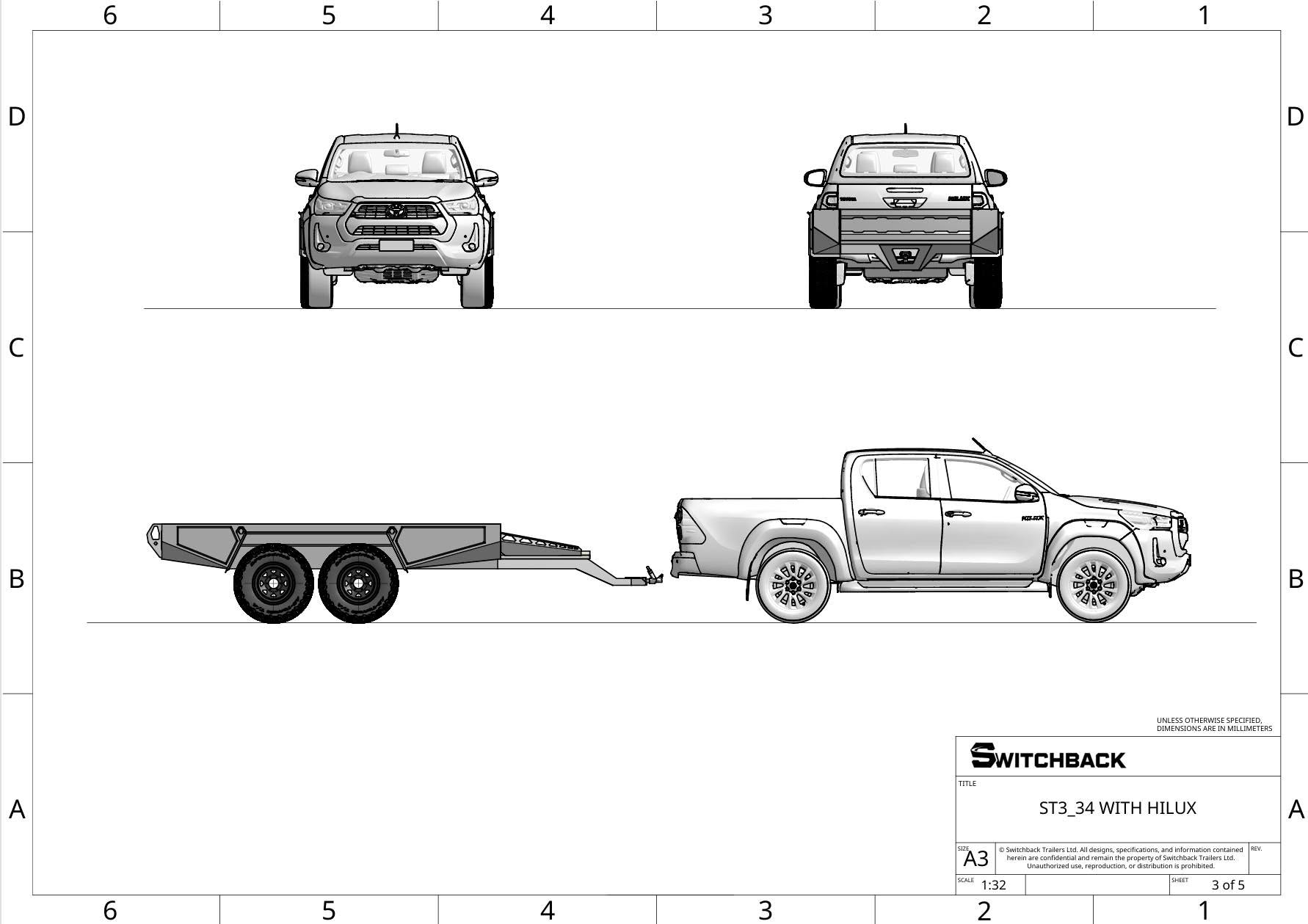 Engineering drawing showing Switchback chassis dimensions